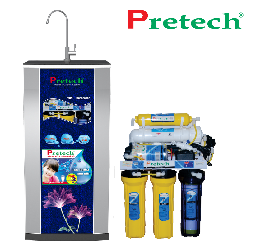 Máy lọc nước RO Pretech 5 lõi lọc ( Tủ 3D màu xanh, không đồng hồ)